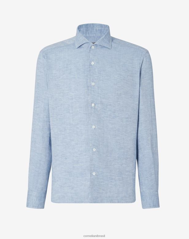 2200J227 homens Corneliani camisa de algodão de linho espinha de peixe azul claro roupas