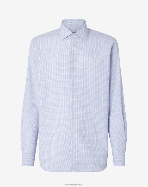 2200J236 homens Corneliani camisa de algodão micro xadrez azul claro roupas