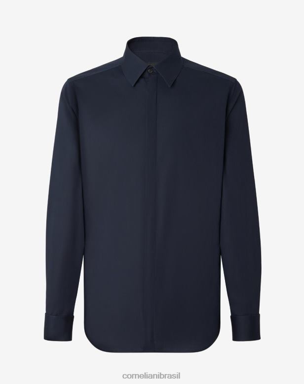2200J32 homens Corneliani camisa de noite em popelina de algodão azul-marinho roupas