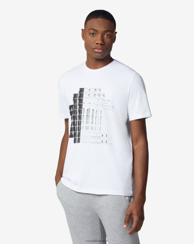2200J291 homens Corneliani camiseta de algodão com gola redonda e estampa branco roupas