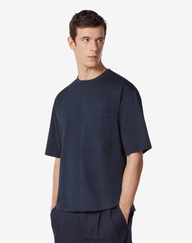 2200J301 homens Corneliani camiseta de algodão orgânico com gola redonda azul-marinho roupas