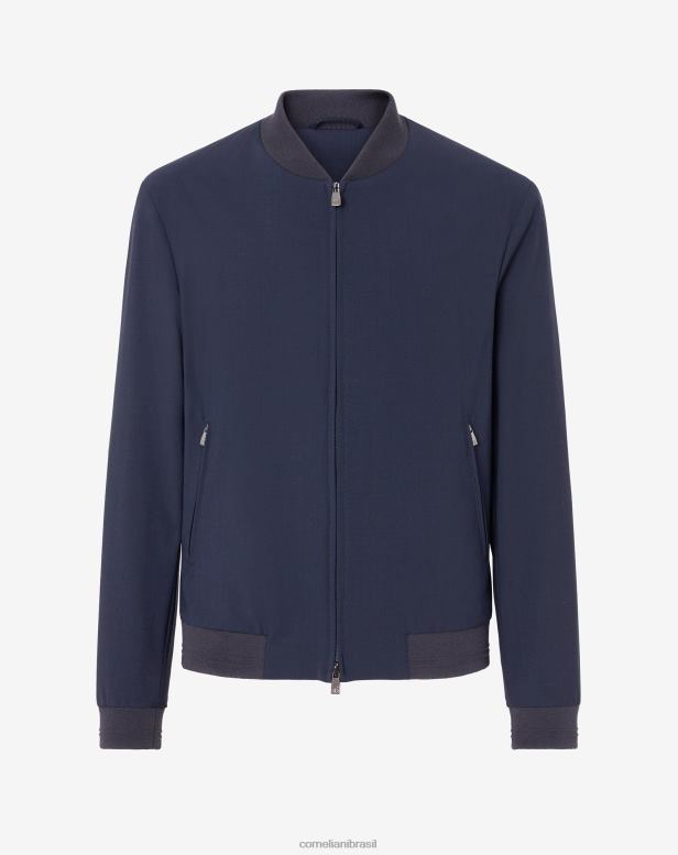 2200J100 homens Corneliani jaqueta bomber em tecido de lã azul-marinho roupas