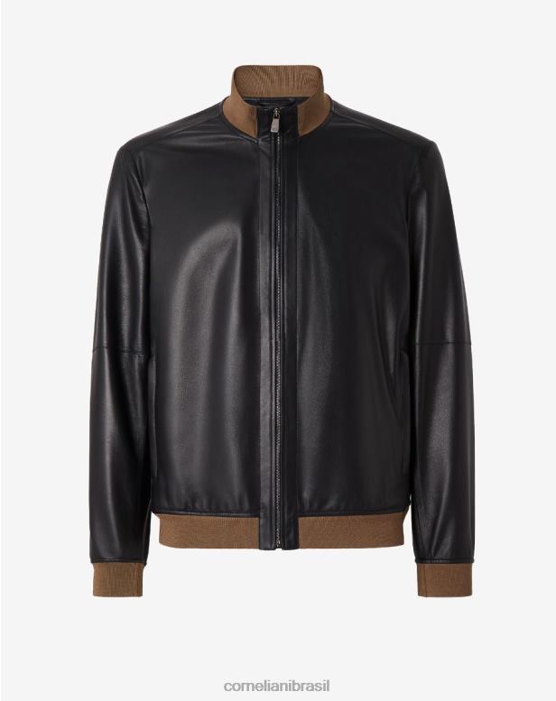 2200J106 homens Corneliani jaqueta bomber em couro napa ultraleve azul roupas