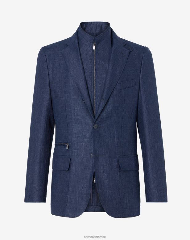 2200J73 homens Corneliani jaqueta de linho e lã com três botões azul roupas