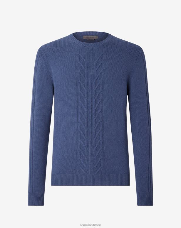 2200J132 homens Corneliani suéter tricotado de lã sustentável e caxemira com gola redonda azul roupas