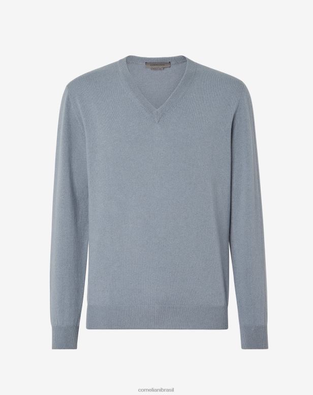 2200J142 homens Corneliani suéter de caxemira pura cinza azul roupas
