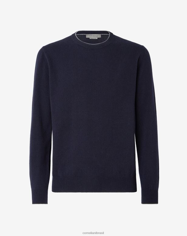 2200J144 homens Corneliani gola redonda de caxemira pura azul roupas
