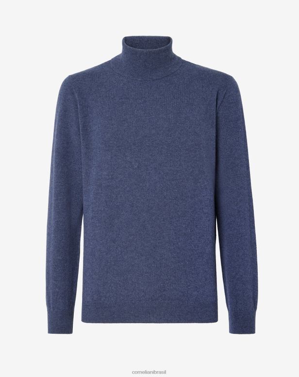2200J149 homens Corneliani gola alta de caxemira pura azul real roupas