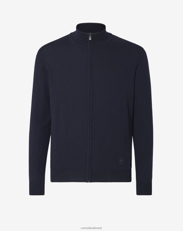 2200J172 homens Corneliani suéter de lã merino com zíper completo azul roupas