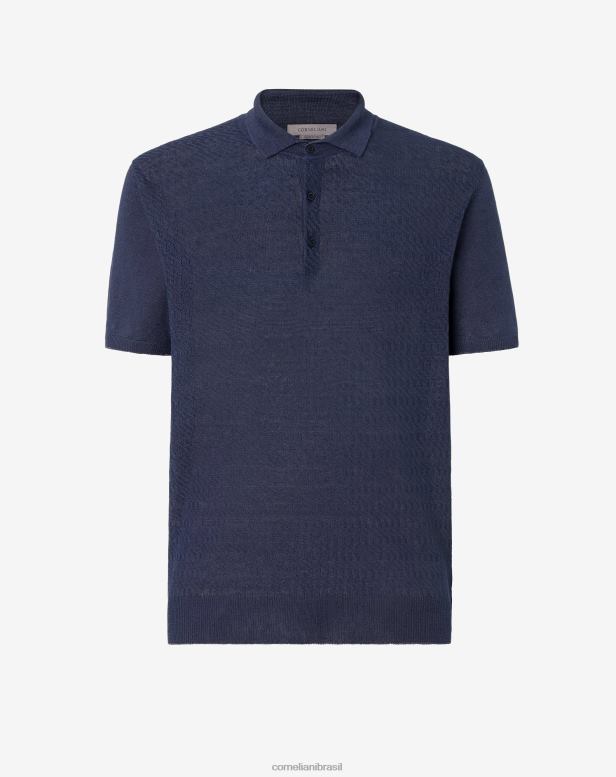 2200J260 homens Corneliani polo manga curta em linho azul-marinho roupas