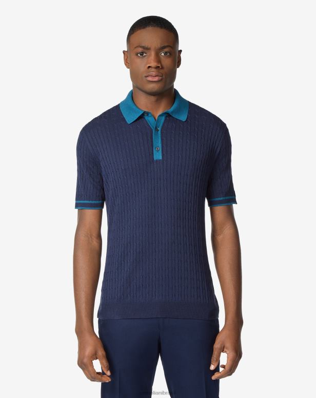 2200J261 homens Corneliani polo manga curta em algodão e seda azul roupas