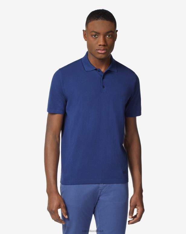 2200J263 homens Corneliani polo aberta em algodão ultraleve azul roupas