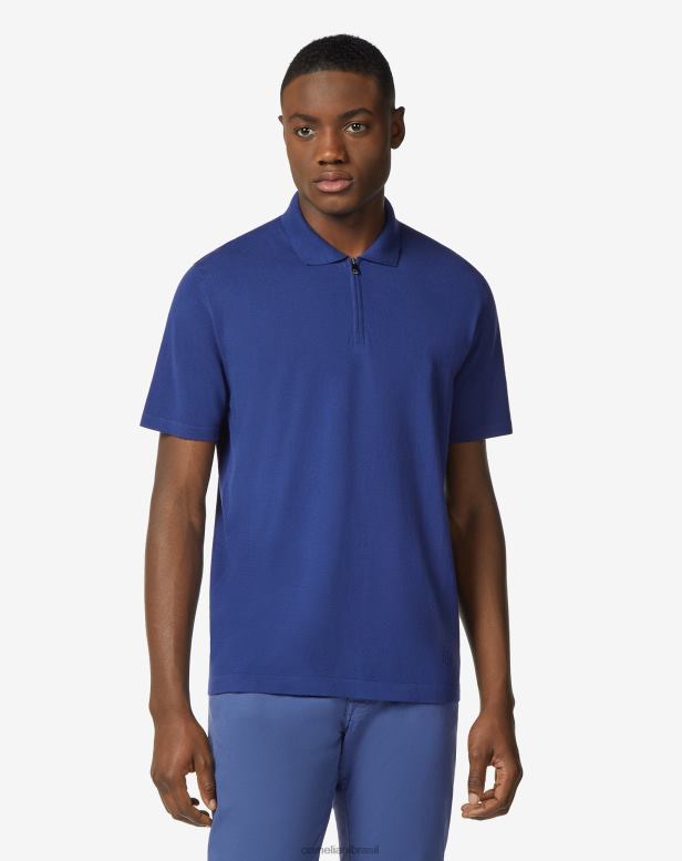 2200J269 homens Corneliani polo ultraleve de algodão com zíper azul claro roupas