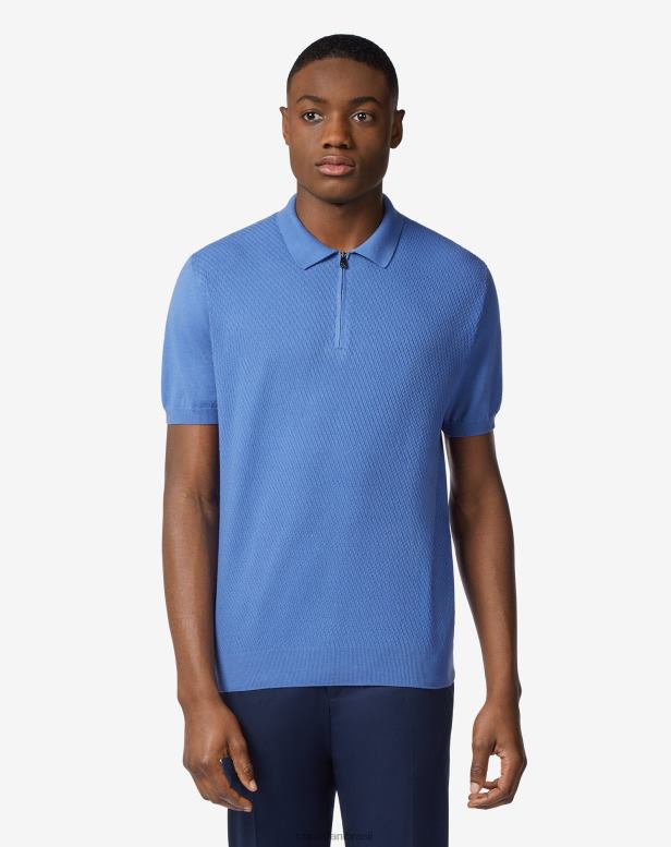 2200J273 homens Corneliani Polo manga curta com zíper em algodão pima azul roupas