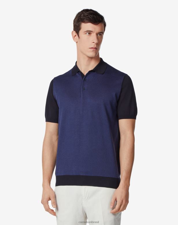 2200J274 homens Corneliani polo ultraleve com zíper e mistura de algodão azul claro roupas