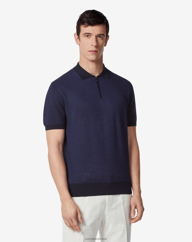 2200J275 homens Corneliani polo ultraleve com zíper e mistura de algodão azul claro roupas