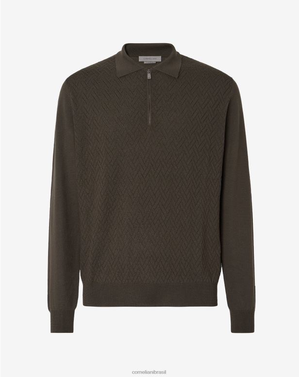 2200J281 homens Corneliani polo de lã merino com costura em relevo verde roupas